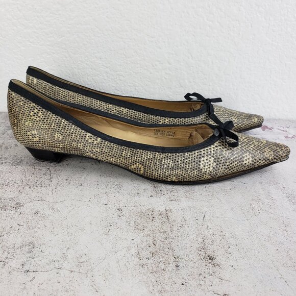 J CREW Italy Pointed Toe Pump Shoes Ballet Flats Textured Leather Snake Bow 8.5 - Picture 4 of 13